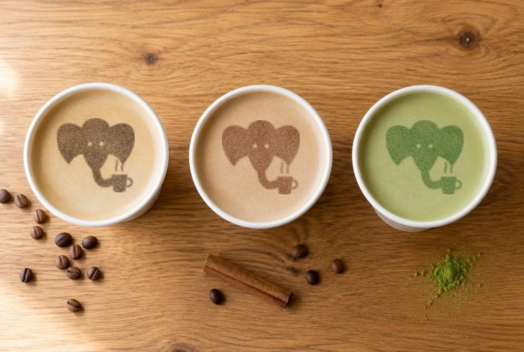 Three cups from above, each dusted with the Infuse the Bean elephant: cocoa on a latte, cinnamon on a chai and matcha on a matcha latte
